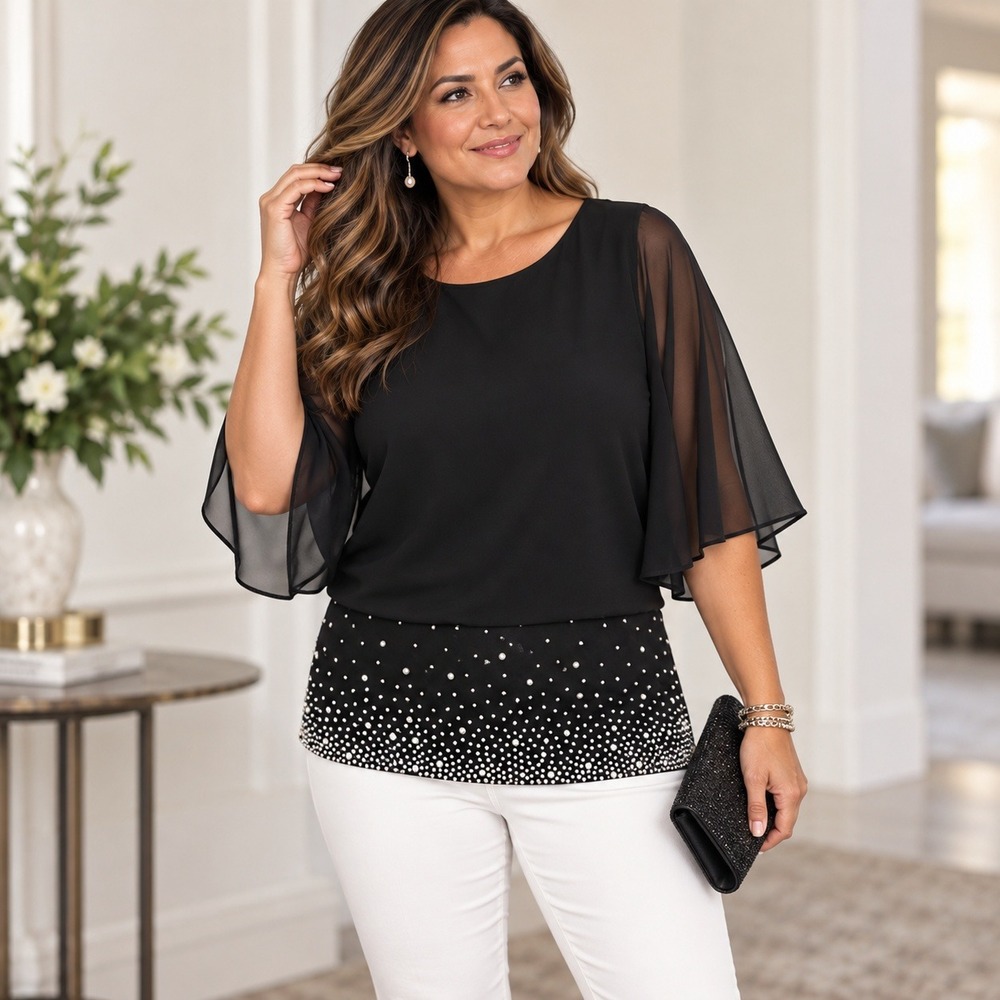 MSK Blouse Black Pearl Embellished Flutter Sleeve Layered Evening Top Sz Medium